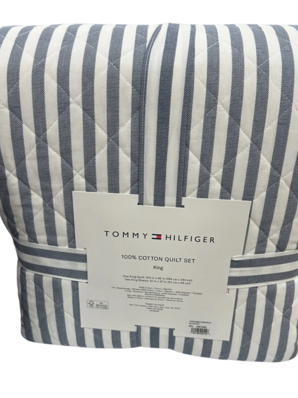 Tommy Hilfiger Blue and White Striped Cotton Quilt Set 104”x96”
